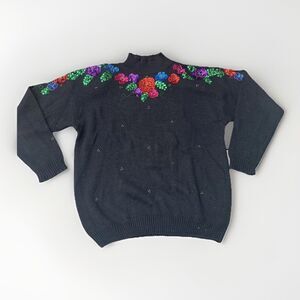 VTG 80’s Sequin Floral Sweater Black Pink Embellished Knit M Grandmacore